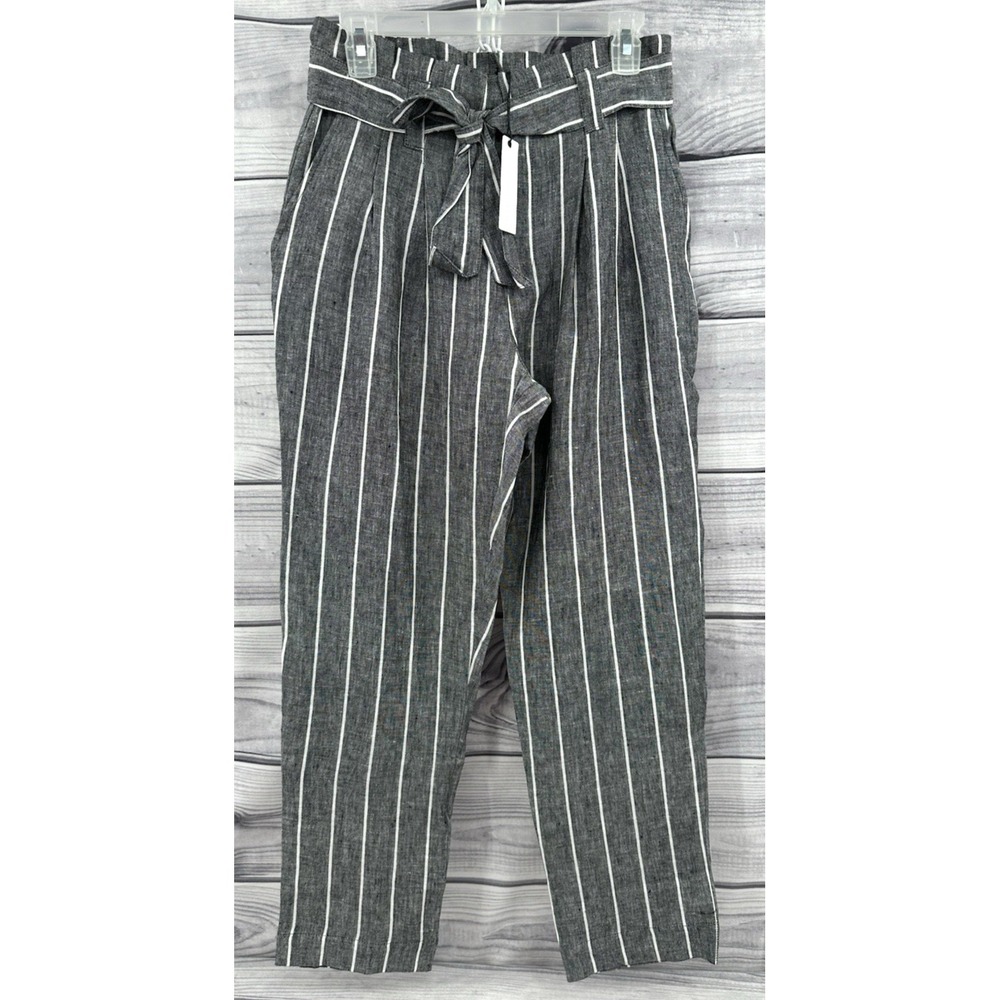 OLIVACEOUS PAPER BAG WAIST LINEN PANTS Women's Size Medium GREY / WHITE STRIPE